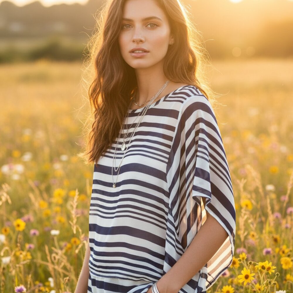 Fresh Mint M Blue White Striped Top Boho Coastal Casual Indie Flowy Fairy
